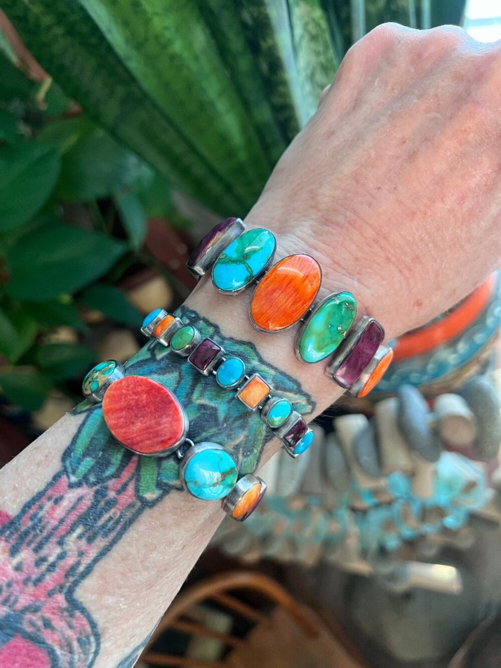 Loretta Delgarito Sterling Silver Electric Rainbow Link Turquoise and Spiny Oyst